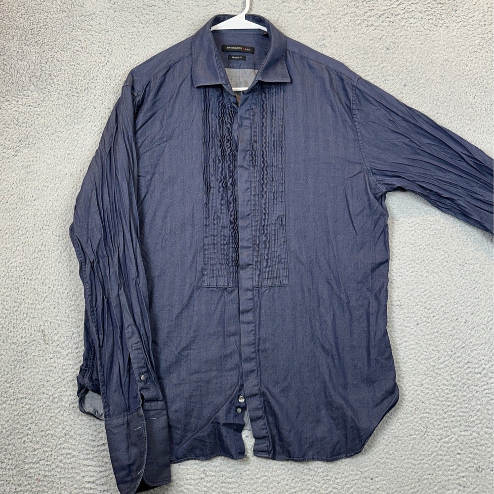 John Varvatos Shirt Mens 16 34-35 Regular Fit Navy Blue Pleated Bib Dress EUC